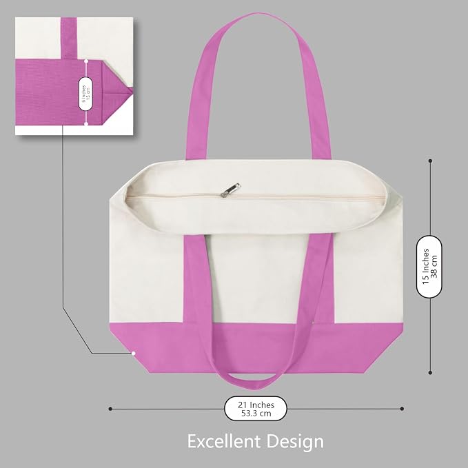 TOPDesign 3-Pack Canvas Tote Bags with an External Pocket, Reusable Grocery Shopping Bags, Top Zipper Closure, Daily Essentials (Light Purple/Natural) - Image 5