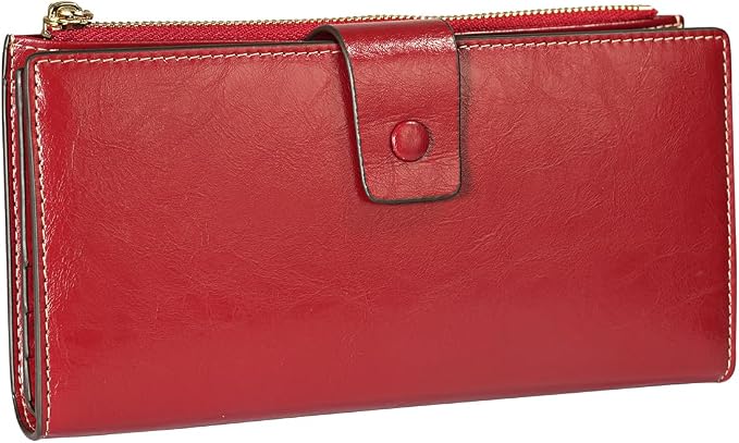 Itslife Womens RFID Blocking Large Capacity Luxury Wax Genuine Leather Wallet Clutch Ladies Card Holder, Red - Image 3