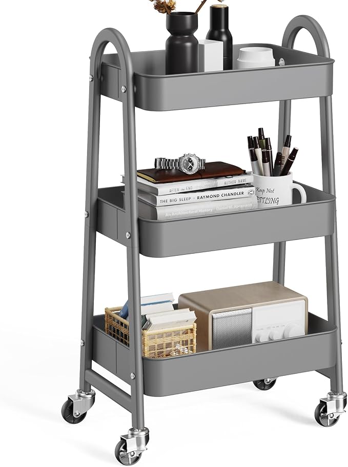 OLIXIS Metal Rolling Storage Utility Cart with Lockable Wheels 3 Tiers | Mobile Organizer Shelf, Space-Saving, Freestanding, Bathroom, Living Room, Slim, Narrow Corner Spaces, Gray by OLIXIS