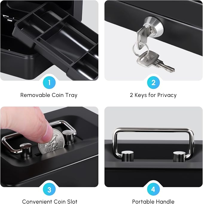 Mini Cash Box with Slot Small Cash Box with Money Tray and Key Lock, Metal Lock Box for Casino Gamblers 4.9" x 3.7" x 2.4" Black - Image 4