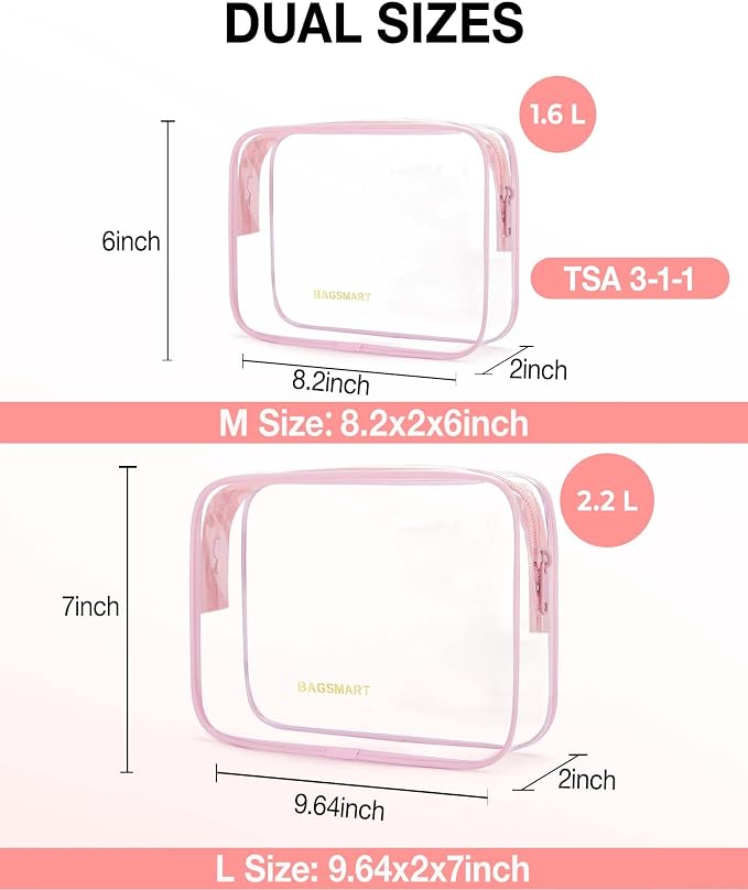 BAGSMART Clear Toiletry Bag 2-Pack TSA Approved Water-Repellent, Pink | Carry on Travel Accessories Bag, Airport Airline Quart Size Bags for Women Men, Makeup Cosmetic Bag - Image 2