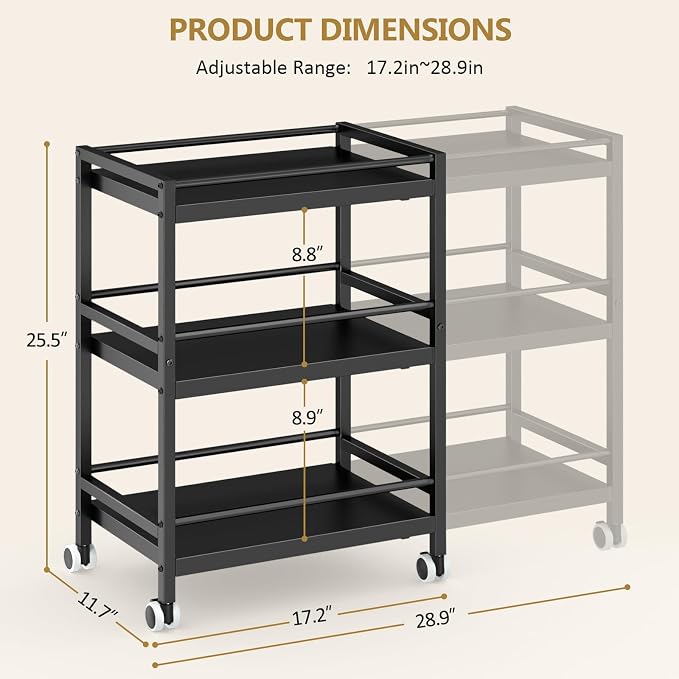 3-Tier Expandable Rolling Pantry Organizers and Storage Cart with Wheels, Adjustable Pantry Floor Organizer, Snack Cart for Pantry, Kitchen Storage Cart with 4 Hooks for Snack, Food, Vegetables, Black - Image 2