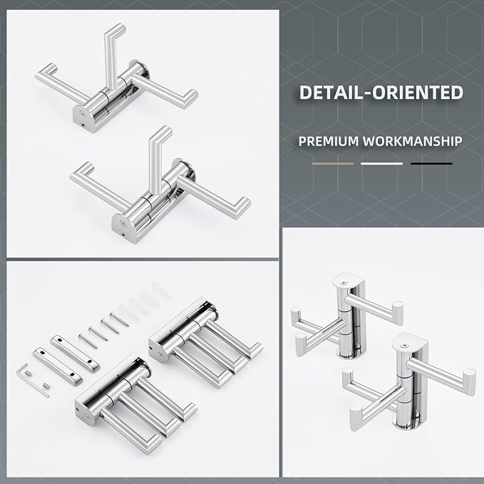 Angle Simple Swivel Towel Hooks, Robe Coat Hook 2 Pack, Polished Chrome | 304 Stainless Steel, Foldable Hand Towel Holder for Bathroom Kitchen Closet Cabinet, Compact Space Saver, Screws Wall Mount - Image 9