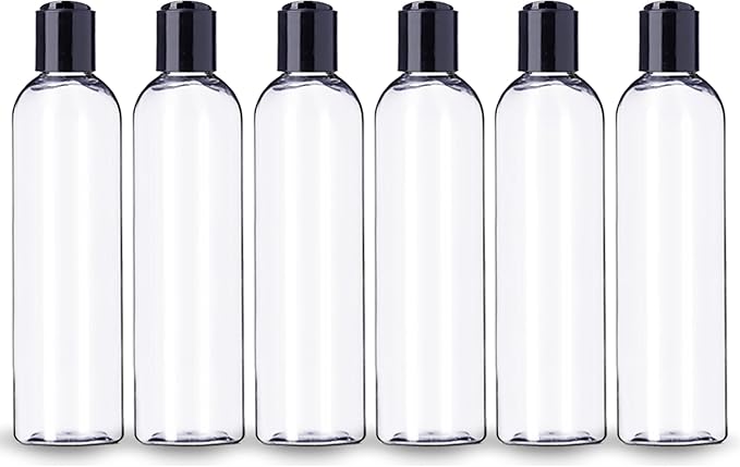 ljdeals 8 oz Clear Plastic Empty Bottles with Black Disc Top Caps, Refillable Containers for Shampoo, Lotions, Cream and More Pack of 6, BPA Free, Made in USA by ljdeals