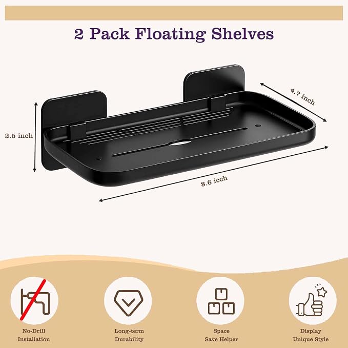 4 Pack Floating Shelves for Wall, Self Adhesive Small Shelf, No Drill Adhesive Wall Shelf, Floating Shelves Damage-Free Expand Walls Space for Living Room Kitchen Bathroom (Black) - Image 2