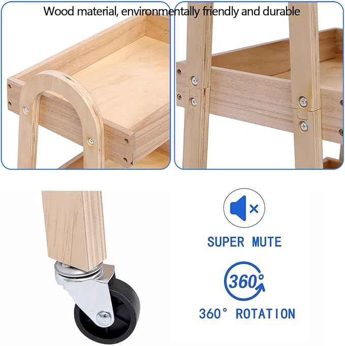 3-Tier Rolling Craft Cart, light-colored wood, Sturdy, Waterproof, with Wheels, for Kitchen, Bathroom, Laundry - Image 4