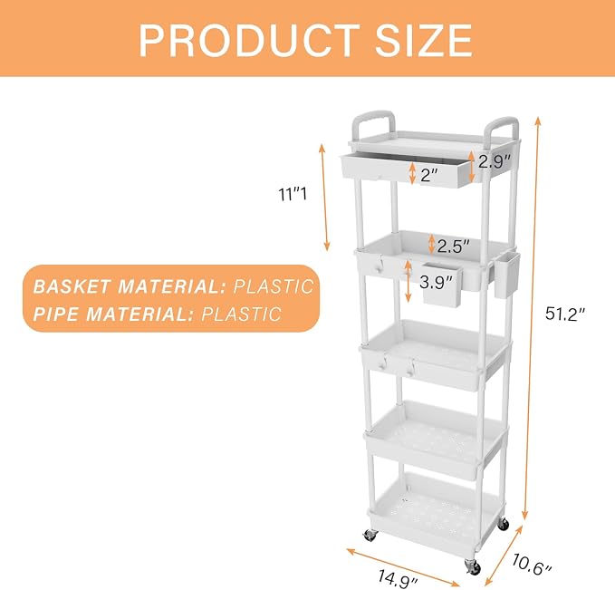 5 Tier Rolling Utility Cart with Drawer,REBECAT Utility Cart Made of Multifunctional Storage Organizer Tool for Kitchen,Bathroom,Living Room,Office(White) - Image 5