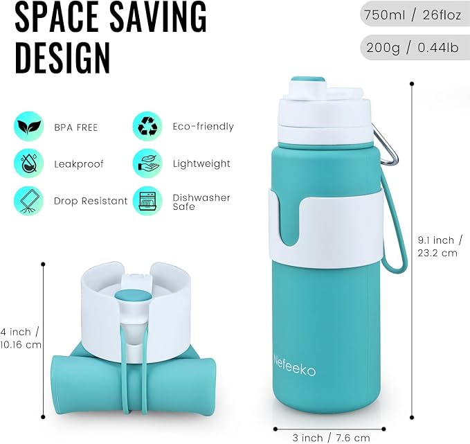 Nefeeko Collapsible Water Bottle, BPA Free 26oz Silicone Water Bottles | Foldable Water Bottles for Travel Sports, Leak-Proof Spill-Proof Portable Water Bottle with Carabiner, Lightweight - Image 2