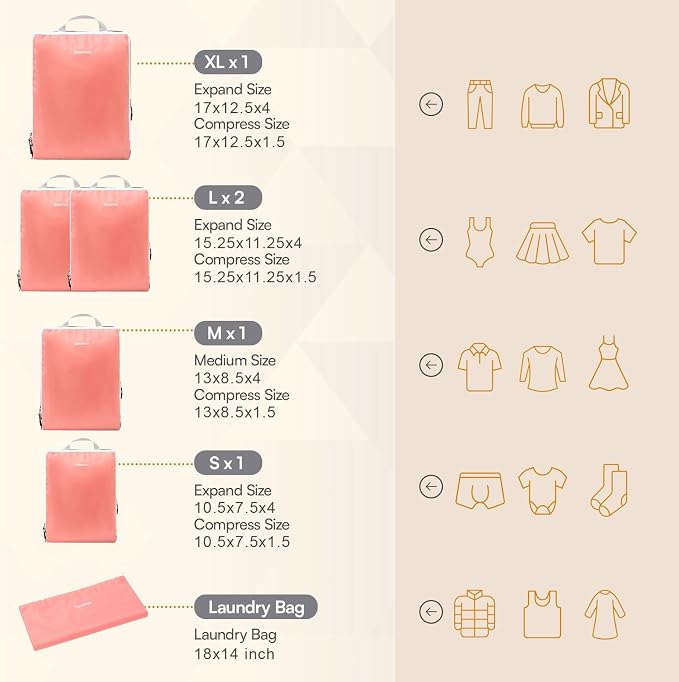 6 Set Large Compression Packing Cubes for travel. | Durable, Expandable and Lightweight Packing Cubes for Travel Compression with Laundry bag, Dusty Pink. - Image 3