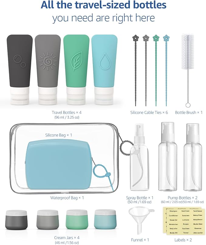 23 Pcs Travel Bottles for Toiletries,Travel Containers for Toiletries | 23-Piece Silicone Travel Bottles Set, TSA Approved Leakproof Toiletry Kit with 2 Bags, Squeeze Bottles, Jars, Pump & Spray - Image 6