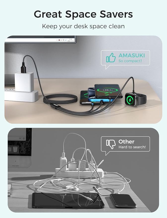 2Pack Multi Charging Cable for Apple Watch Charger 4 in 1 Travel Essentials RV Camping Essentials USB C/L/Micro Compatible with iWatch Series 11-1/iPhone 17/16/15/Android Airplane Gadgets-4FT/Black - Image 3