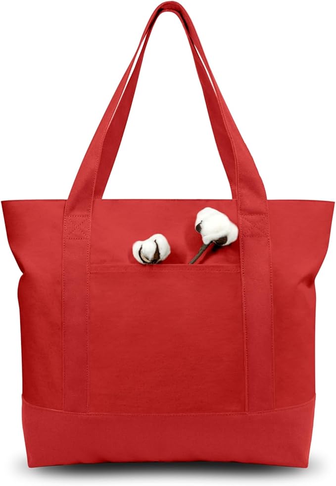 TOPDesign 1-Pack Canvas Tote Bags with an External Pocket, Reusable Grocery Shopping Bags, Top Zipper Closure, Daily Essentials (Red) by TOPDesign