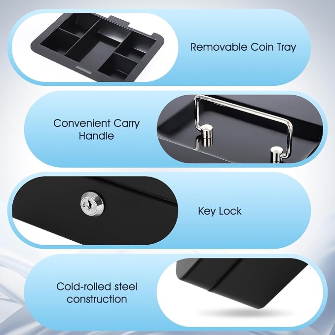 KYODOLED Small Metal Lock Box with Key for Cash and Medication, 2 Pack | Portable Handle, Removable Coin Tray, Lower Storage for Bills and Small Items, Ideal for Gifting, 7.87 x 6.3 x 3.35 in, Black - Image 3