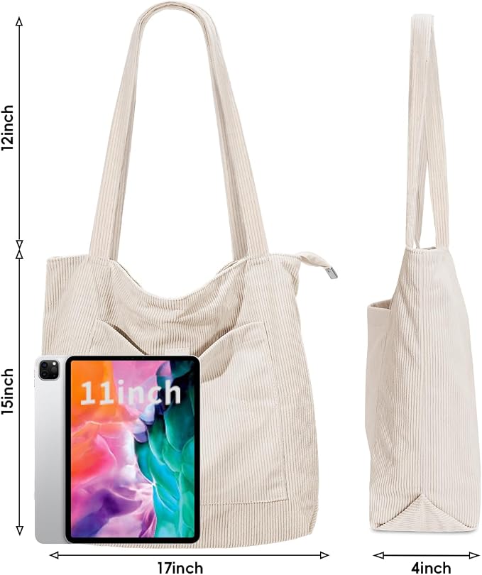 Iioscre Corduroy Tote Bag for Women,Hobo HandBags with Zipper | Large Capacity Casual Shoulder Bag with Inner Pockets for Shopping Work Daily Travel. - Image 6