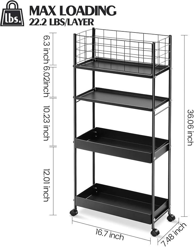 KINGRACK 4 Tier Slim Rolling Cart, Metal Utility Storage Cart with Wheels | 5.7" Raised Edge, Narrow Space Trolley Organizer for Bathroom, Kitchen, Office, Dorm, Laundry, Living Room, Black - Image 9