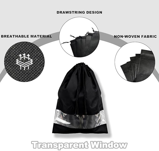 20 Pack Shoe Bags for Travel, 17" x 12.6" Drawstring Shoe Organizers with Clear Window, Breathable Non-Woven Dustproof Pouches for Luggage & Closet (Black) - Image 3