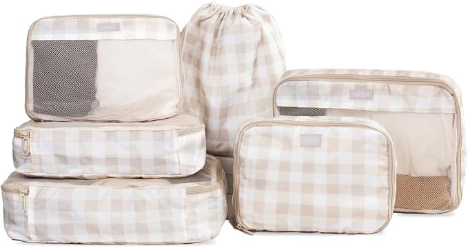 Packing Cubes for Travel, 6-Piece Large Packing Cube Organizer Set for Suitcase, Duffel Bag, Luggage, Multiple Sizes Travel Essentials (Beige Gingham) by Jadyn