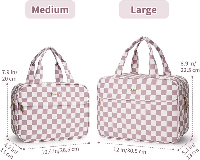 Narwey Hanging Travel Toiletry Bag for Women Checkered Makeup Bag Organizer Cosmetic Make up Toiletries Bag for Travel Essentials Accessories (Dusty Pink Checkerboard, Large) - Image 2
