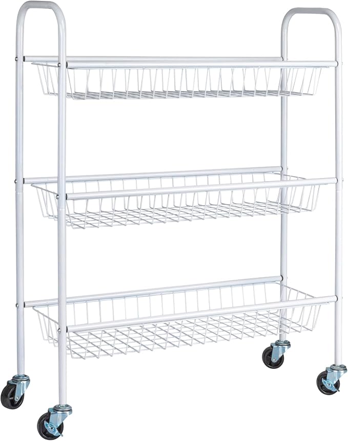 Household Essentials 3-Tier Slim Storage Cart, Heavy-Duty Steel Frame, Smooth Casters with Locks, Powder Coat Finish, Arched Handles, Easy to Assemble, Modern, Compact, White by HouseholdEssentials