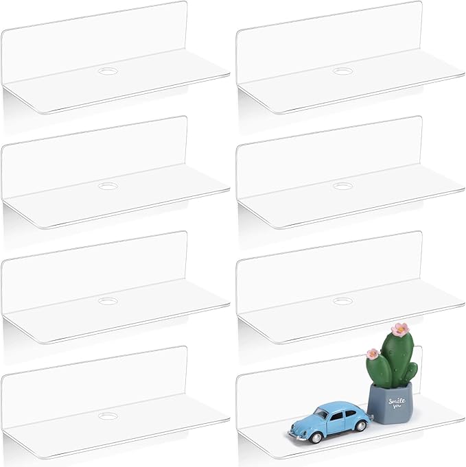 Maitys 8 Pcs White Acrylic Floating Shelves Back to School Supplies 9 Inches Adhesive Wall Mounted Shelves No Drill Hanging Acrylic Wall Display for Living Room Bathroom Bedroom Kitchen Office by Maitys