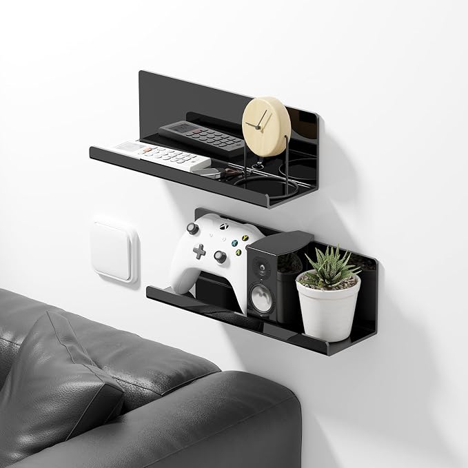 PAVSTINE Acrylic Floating Shelves for Wall No Drilling, Self Adhesive Space-Saving Shelves, 12 Inch Floating Shelf Stick on Wall Shelf, for Bathroom, Kitchen, Bedroom, Office, Gaming Room, Black - Image 2