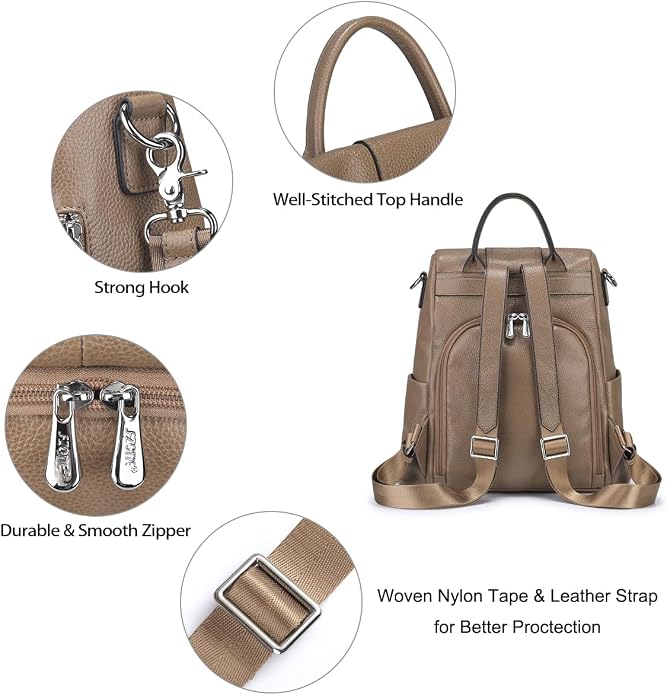 S-ZONE Leather Backpack Purses for Women Antitheft Rucksack Shoulder Bag Medium | Genuine Leather, Medium Fits 9.7-inch Tablet, for Work Travel Daily Commute, Multi Pockets, Adjustable Dual Straps - Image 5