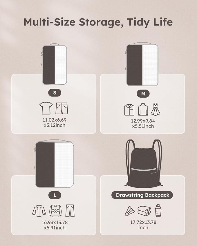 4 Set Compression Packing Cubes for Travel, Bonus Versatile Drawstring Backpack, Lightweight Luggage Organizer Bags, Sturdy Travel Accessories for Suitcase, Black - Image 5