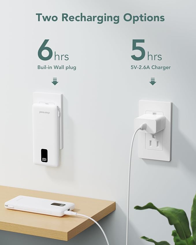 charmast Portable Charger with Built-in Cables and AC Wall Plug | 10000mAh Power Bank with 4 Outputs,USB-C & USB-A Battery Pack,Slim Travel Phone Charger for iPhone,iPad,Samsung,Android - Image 7