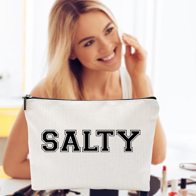 Funny Makeup Bag for Women - "SALTY" Sassy Cosmetic Pouch - Preppy Varsity Letter Style Travel Toiletry Organizer - Cute Beige Canvas Zipper Clutch for Beach Vacation, College Dorm & Best Friend Gift - Image 5