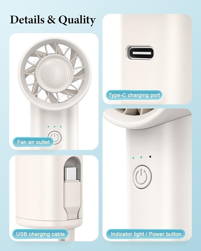 Portable Fan with Power Bank & Flashlight-White | 6.5H Max Cooling,USB-C Rechargeable,Mini Fan for Outdoor/Travel/Beach/Concerts/Summer.Gifts for Girl,Women. - Image 7