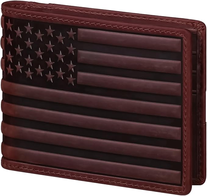 Wallet for Men-Genuine Leather RFID Blocking Bifold Stylish Wallet American Flag Wallet With 1 ID Window (Red, With ID Window) by GERUOLA