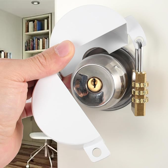 Door Knob with Lock,Without Drilling,Dementia Door Handle Lock，from Outside Prevents Turning of Door Knob and Access to Keyhole,for Apartment Evictions，Childproof (White with Padlock) - Image 2