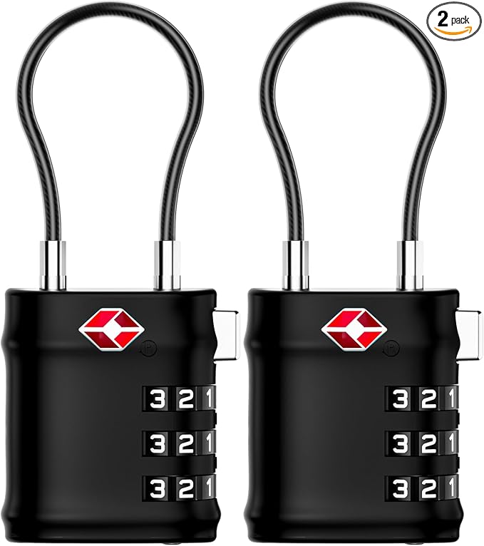 LUGGEX 2 Pack TSA Locks for Luggage, Luggage Locks TSA Approved | Suitcase Locks in Gift Box, Ultra-Light 33g Combination Cable Locks, Easy-Read Dials for Suitcase Backpack Gym, Black-Silver by LUGGEXLUGGAGE