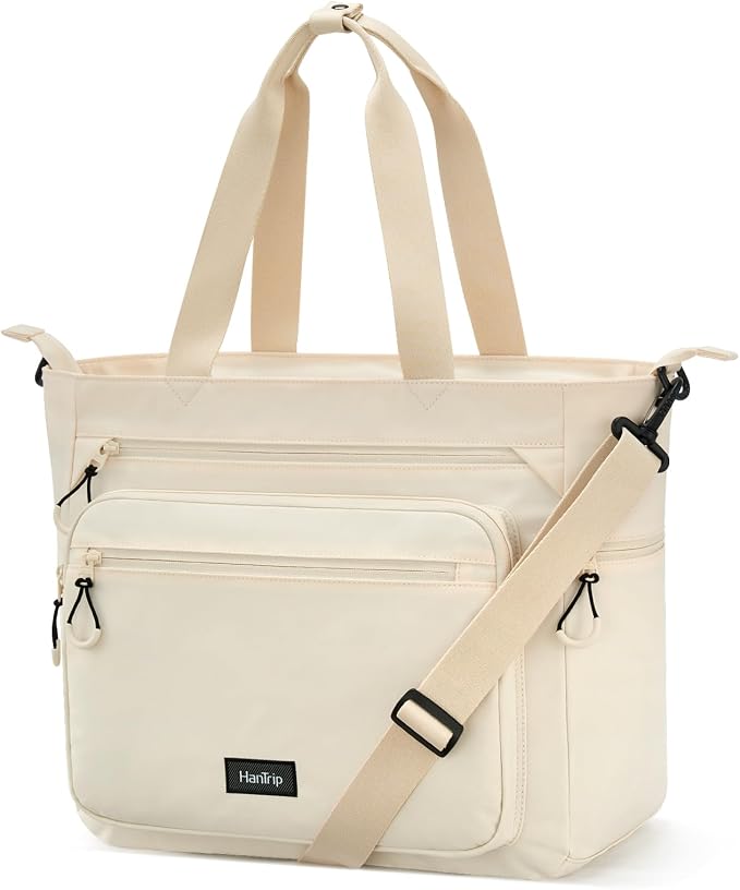 HanTrip Large Laptop Tote Bag with Luggage Sleeve for Travel Work, Offwhite | 16.5 Inch Laptop Sleeve, 31L Zippered Tote Bags, Water Resistant, Water Bottle Pocket, Detachable Adjustable Shoulder Strap by HanTrip