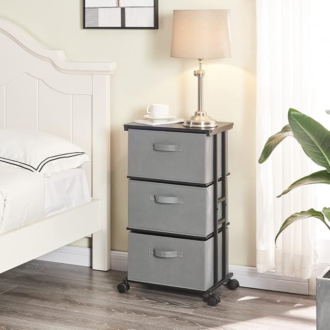 MAX Houser Dresser Tower with 3 Drawers, Grey | Fabric Storage Organizer Unit, Chest of Drawers with with WoodTop, Small Vertical Storage for Guest Room, Closet, Entryway - Image 4