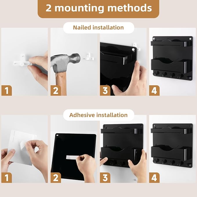 Bedside Wall Shelf with Glasses Hooks ，Adhesive Bedside Organizer Wall Mount for Dorm and Room Accessories Phone，Remote，Earphone， Kindle (Black) - Image 5