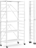 Himix 5-Tier Foldable Storage Shelves with Wheels Expandable Kitchen White | Folding shelving units, Metal collapsible organization, Changeable into 2 shelf units, Garage, Adjustable, Holds 2400 Ibs by Himix