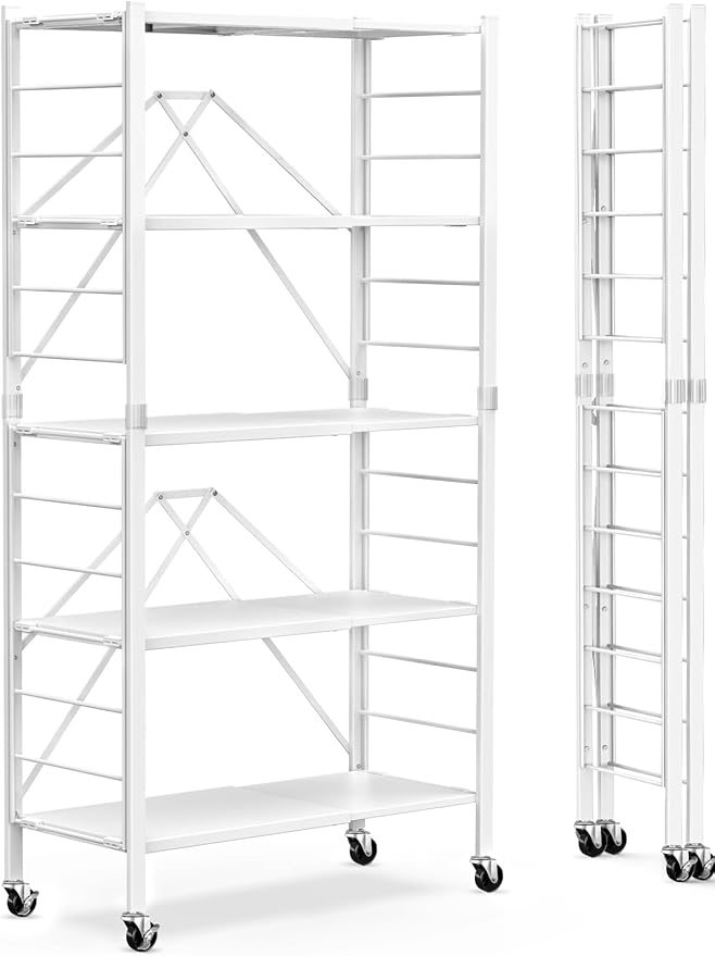 Himix 5-Tier Foldable Storage Shelves with Wheels Expandable Kitchen White | Folding shelving units, Metal collapsible organization, Changeable into 2 shelf units, Garage, Adjustable, Holds 2400 Ibs by Himix