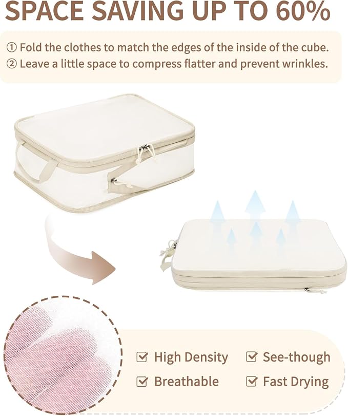 ECOHUB 6 Set Compression Packing Cubes, Lightweight Beach Vacation Travel Essentials Durable Travel Accessories for Suitcase Carry On Luggage Organizer Bags with YKK Zippers Shoe Bag, Beige - Image 3