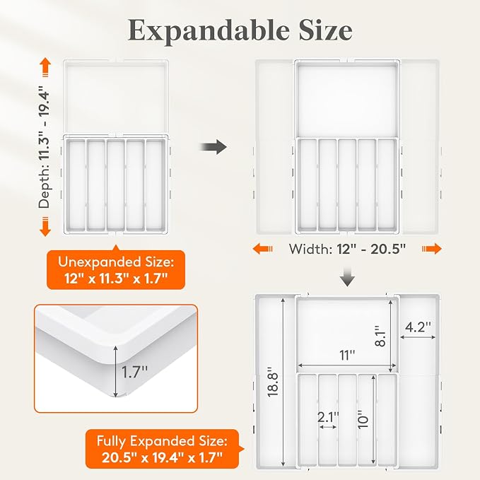 Lifewit Expandable Silverware Drawer Organizer, Utensil Tray for Kitchen | BPA Free Flatware and Cutlery Holder, Adjustable Plastic Storage for Spoons Forks Knives, 12-20.5 x 11.3-19.4 x 1.7, White - Image 2