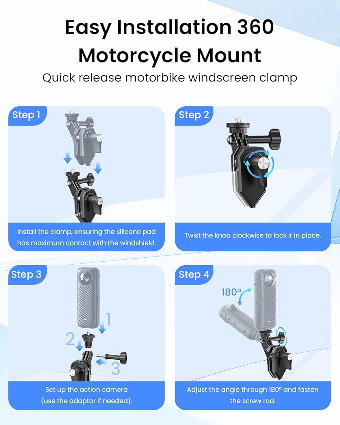 Motorcycle Windshield Clip Camera Mount for Insta360 X5 for GoPro | Motorcycle mount clamps for Insta360 X5/X4 accessories,for DJI Osmo action camera mounts,360 motorcycle kit outdoor shooting - Image 4