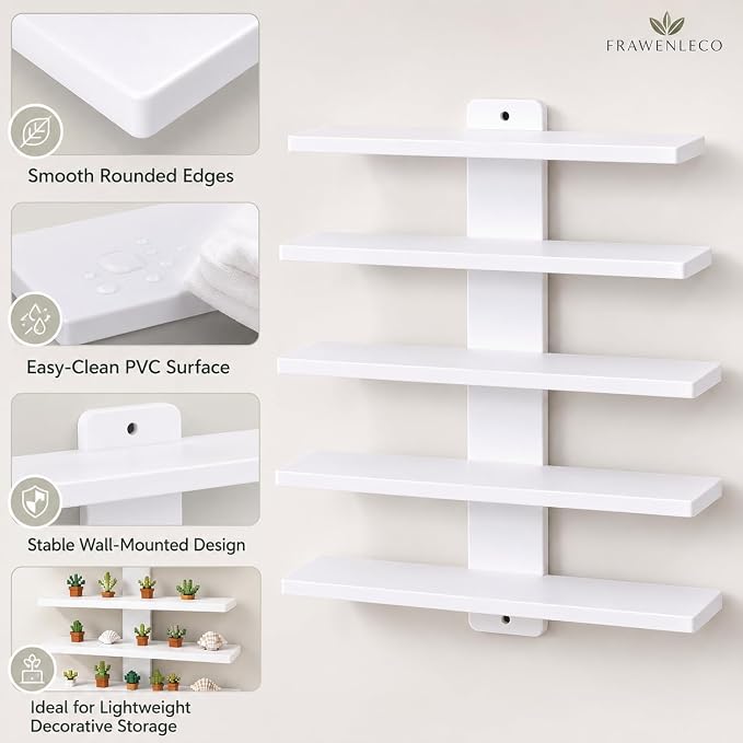 No Drill Wall Shelf, 5-Tier White Floating Shelves with Adhesive, Thickened 12mm PVC Board, Damage-Free Wall Mounted Organizer for Bathroom, Kitchen, Living Room, Bedroom(White) - Image 3