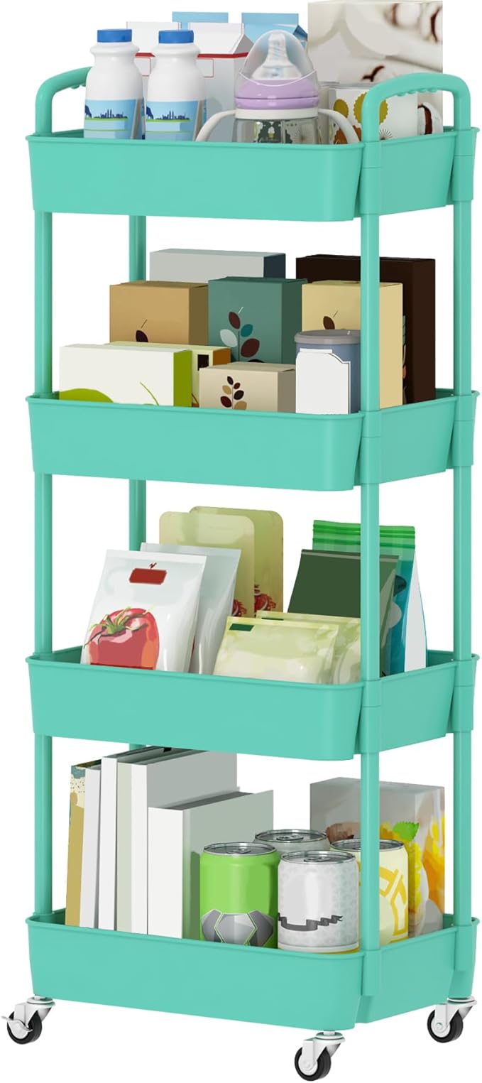 Sywhitta 4-Tier Plastic Rolling Utility Cart with Wheels for Storage,Green | Multi-Functional Storage Trolley, for Office, Living Room, Kitchen, Bathroom,Movable Organizer,Space-Saving,Easy to assemble by haseverythingyouneed