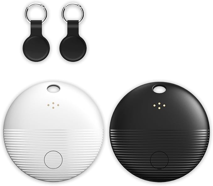 2-Pack Bluetooth Tracker Tags Black & White for Android, Works with Google Find Hub — Key Finder with 105dB Loud Alarm, Ultra Thin, 2 Silicone Keyring Cases & 2 Extra CR2032 Batteries Included by Unknown