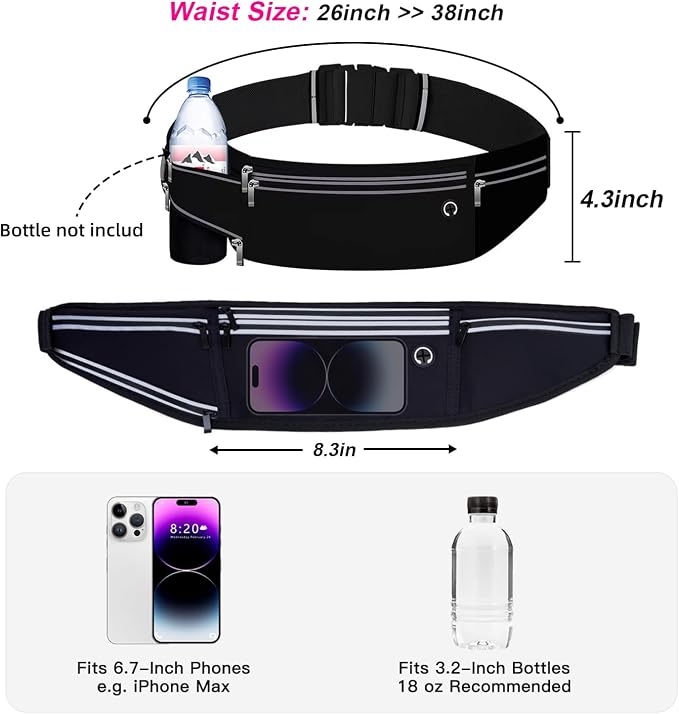Slim Running Belt for Women Men,Runners Fanny Pack Phone Holder,Money Belt,Running Gear Accessories,with 3 Pockets (Jet Black) - Image 3