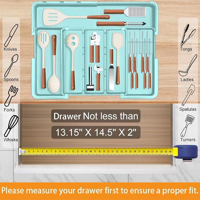 Homecor Utensil Drawer Organizer for Kitchen, Expandable Silverware Organizer Cooking Utensils Tray, Large Cutlery and Flatware Holder, Kitchen Tools & Gadgets Storage (Turquoise) - Image 6