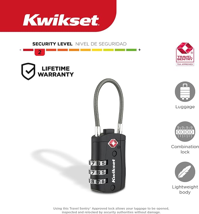 Kwikset TSA Approved Combination Luggage Lock with Cable, 2-Pack, Black | Pair of Cable Locks for Checked Bags and Carry-Ons; Resettable Code, TSA Inspectors Can Relock - Image 2
