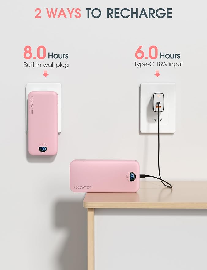 citicr Portable Charger 20000mAh PD20W w/Built-in Cables & Wall Plug Pink | High capacity, Fast charging, Built-in wall plug, LED display, Charge 5 devices at once, Pass through charging, TSA approved - Image 6