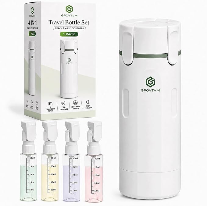 4 in 1 Travel Dispenser Bottle Four One Items Toiletry Containers Shampoo for Toiletries 4in -1 Soap 4-in-1 Leak Proof Rotatable Setpump Creams Sized TSA Refillable Lotion Cosmetic to Fill (White) by Unknown