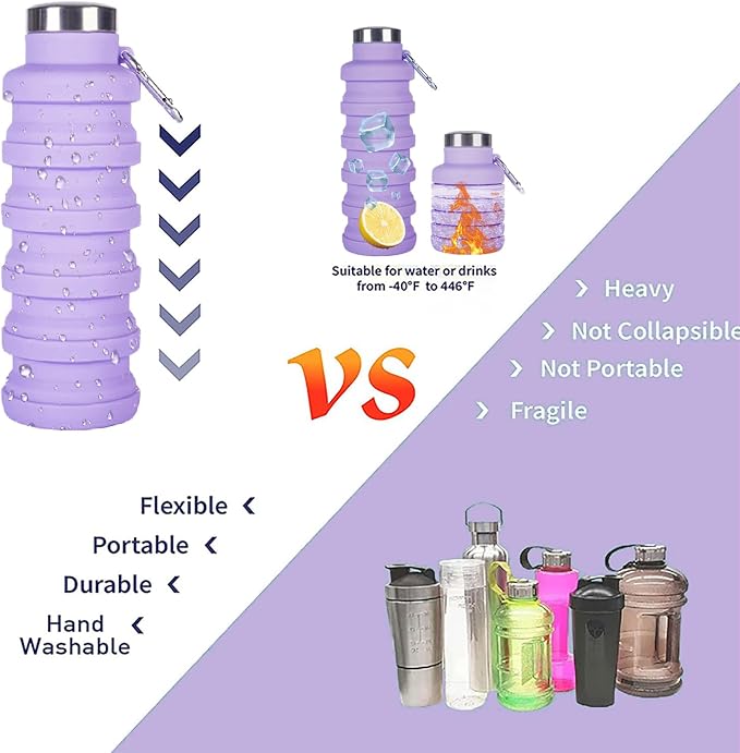 Collapsible Water Bottle,4 Pcs BPA Free Reuseable Silicone Foldable Leakproof 16oz Water Bottles,Portable Lightweight Water Bottles Carabiner for Travel Gym Camping,Hiking Sports - Image 4